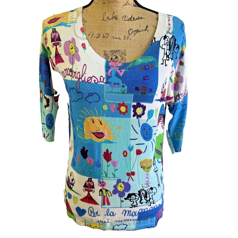 Lafty Lie "Art-To-Wear" Colorful Printed 3/4 Sleeve Scoop Neck Sweater Sz 10/46